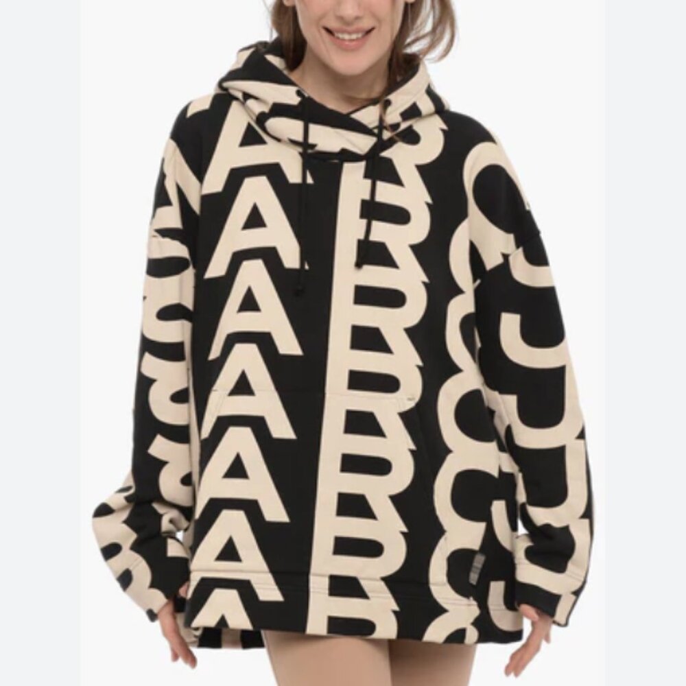 Marc Jacobs Monogram Oversized Hoodie Sweatshirt Black Ivory Small